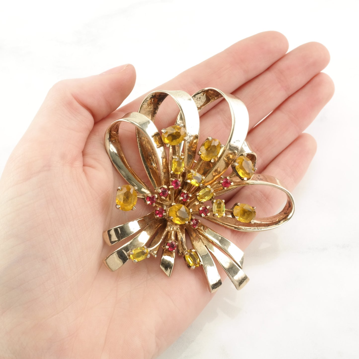 Ciner Sterling Silver Brooch Floral Yellow Retro