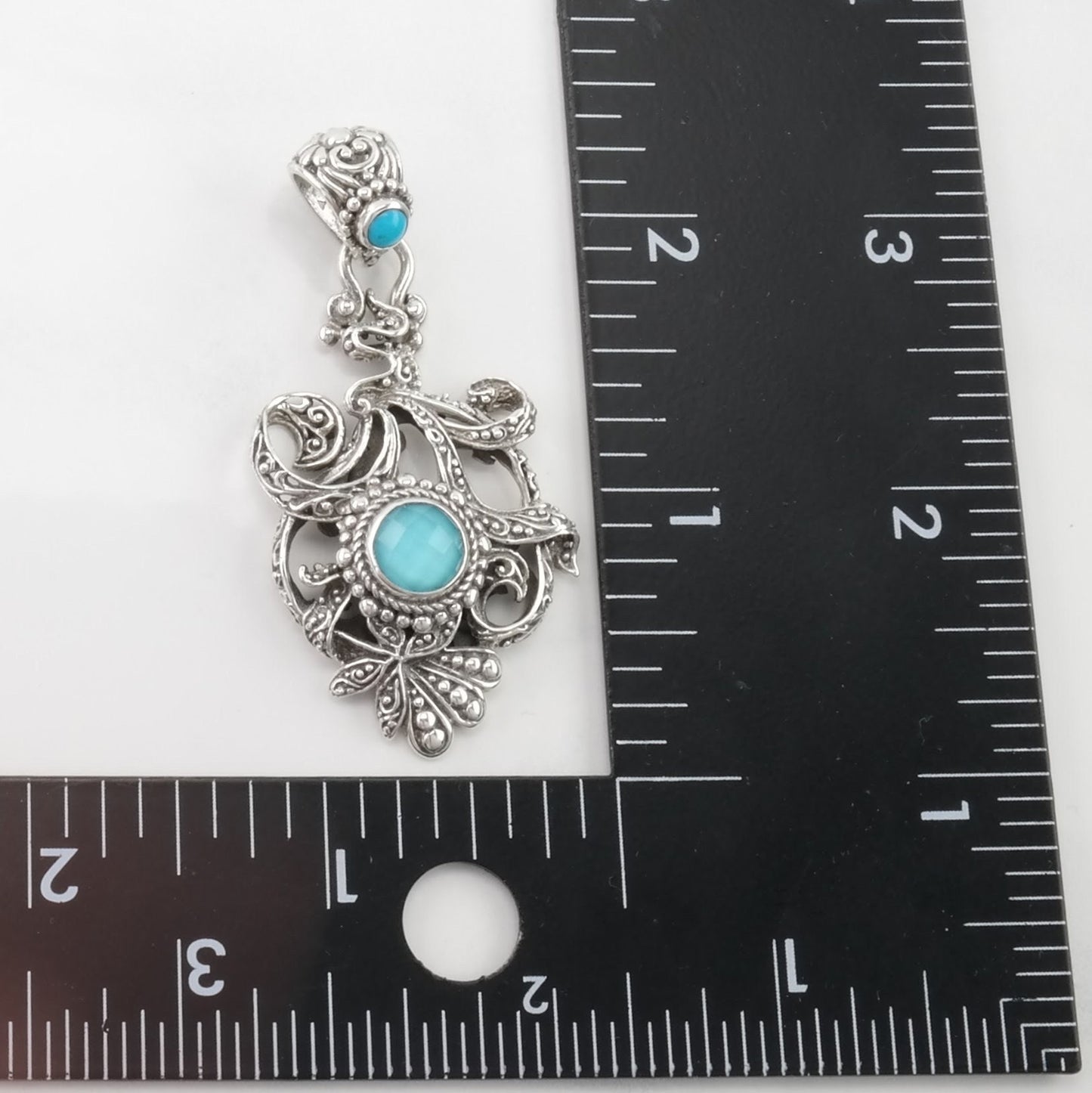 Vintage Sarda Turquoise, Chalcedony Doublet Scroll Sterling Silver Pendant