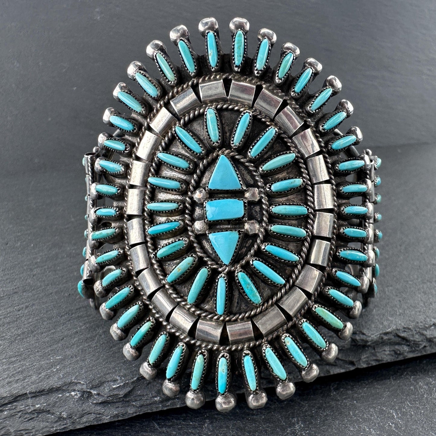 Native American Zuni Sterling Silver Cuff Bracelet Blue Turquoise Needlepoint Cluster