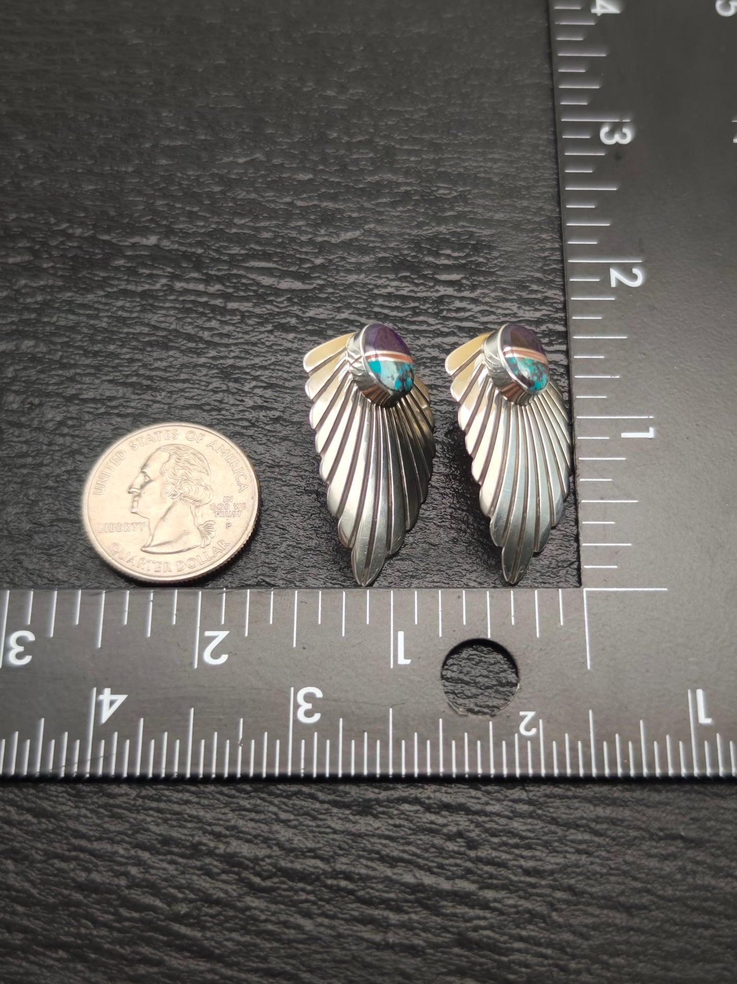 Native American Turquoise, Coral, Sugilite Wings Stud Earrings Sterling Silver