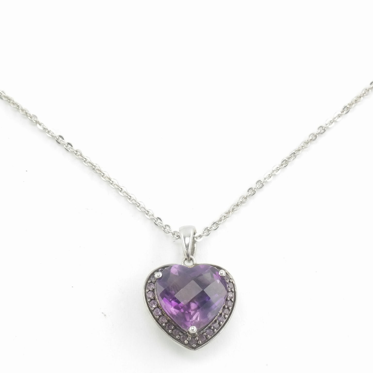 Sterling Silver Purple Amethyst Heart, Checkerboard Cut Necklace