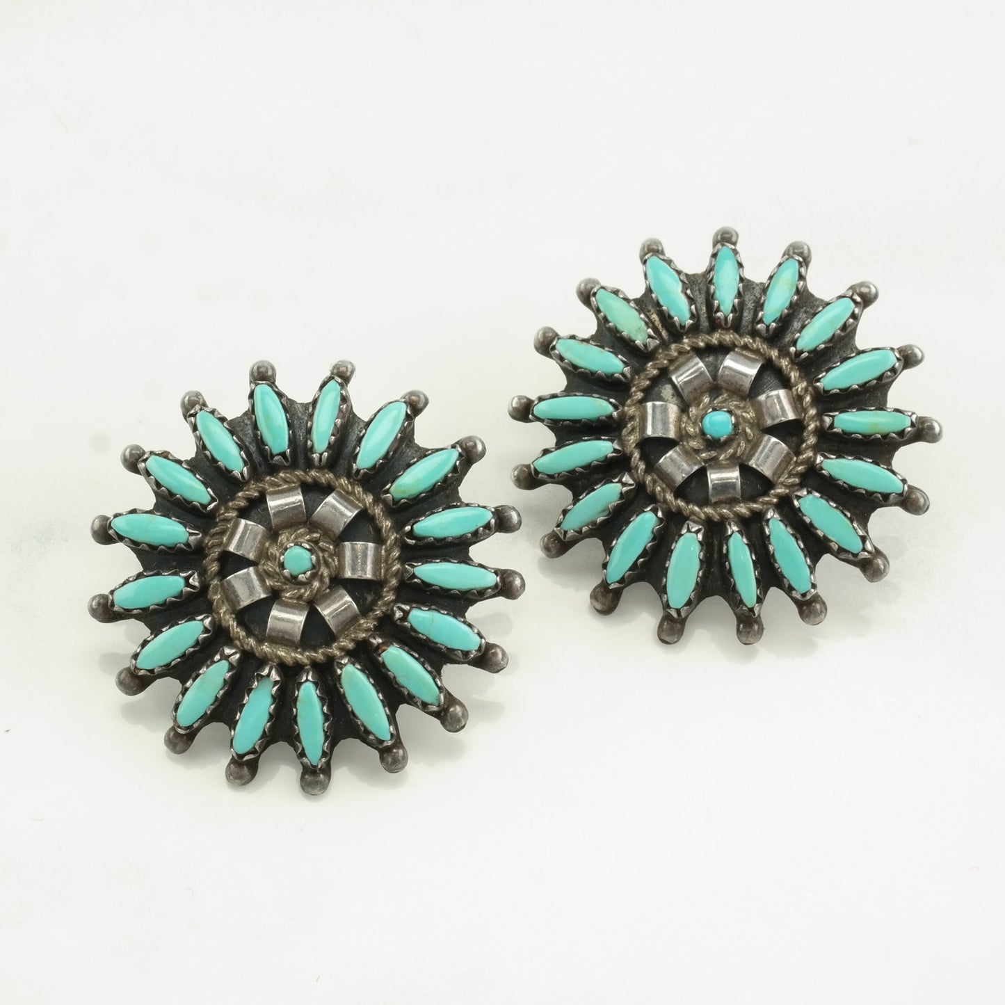 Native American Sterling Silver Blue Turquoise Petit Point, Floral Earrings Stud