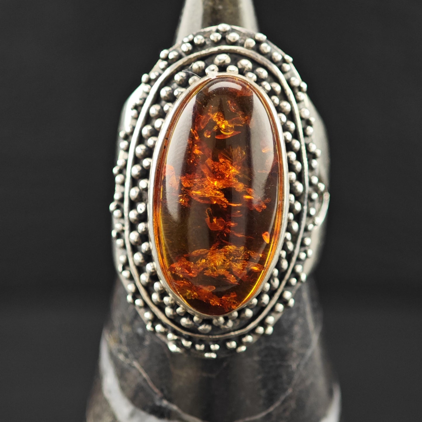 Oval Amber Ring Sterling Silver Statement Jewelry Size 6 R6091