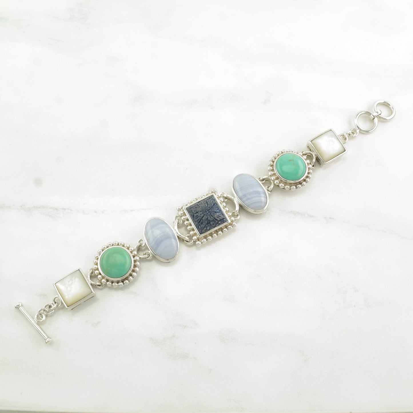 Whitney Kelly Sterling Silver Link Bracelet Blue, Green, Purple, White Turquoise, MOP, Agate, Lapis Carved, Flower