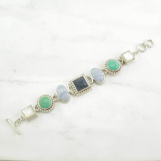 Whitney Kelly Sterling Silver Link Bracelet Blue, Green, Purple, White Turquoise, MOP, Agate, Lapis Carved, Flower
