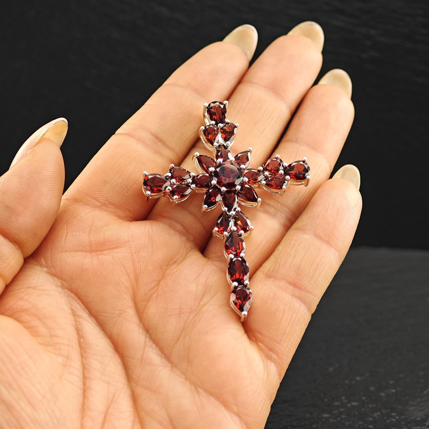 Vintage Garnet Cross Pendant Sterling Silver
