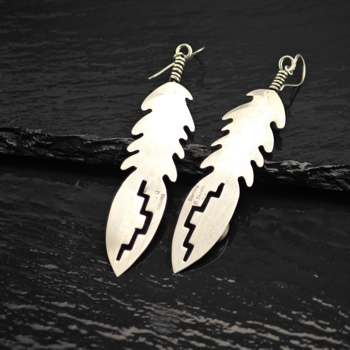 Navajo Turquoise Feather Design Dangle Sterling Silver Earrings ER3237