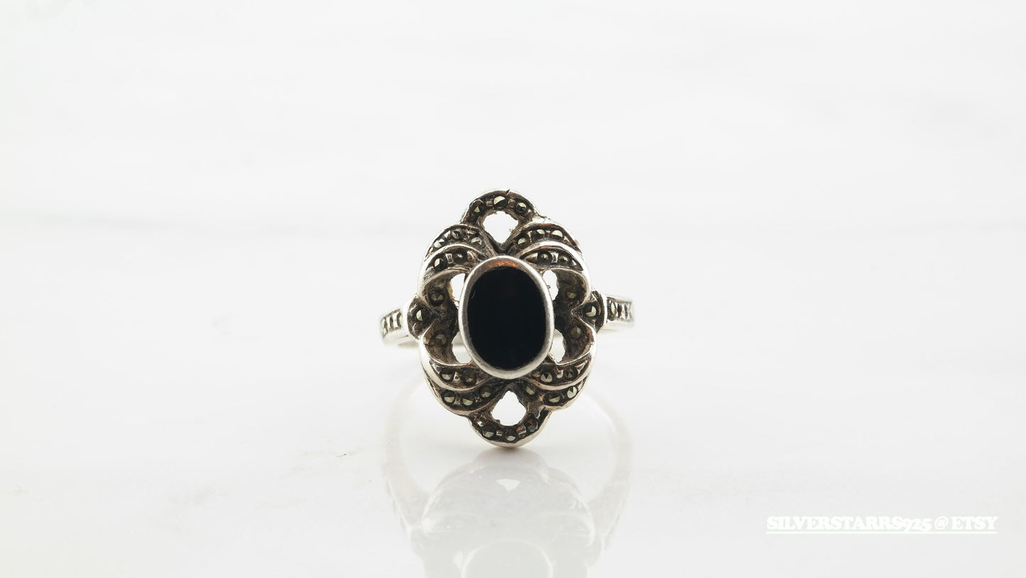 Vintage Sterling Silver Ring Marcasite, Onyx Black Size 6