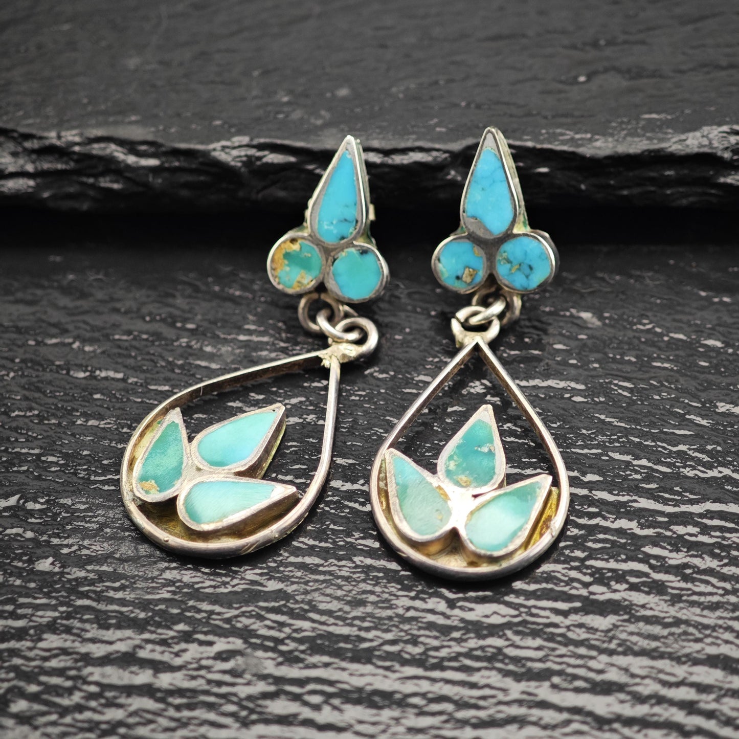 Vintage Zuni, Native American Turquoise Inlay Stud Sterling Silver Earrings ER3172