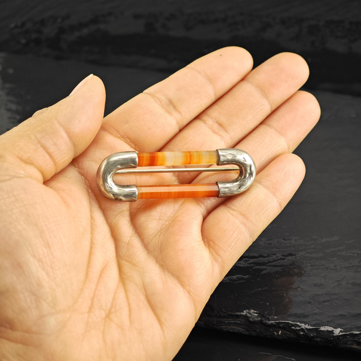 Scottish Banded Agate Kilt Pin Sterling Silver Brooch B2249