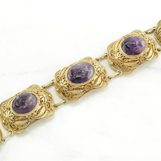 Chinese, Export Sterling Silver Link Bracelet Gold Gilded, Purple Amethyst, Carved, Flower Gold Gilded, Filigree