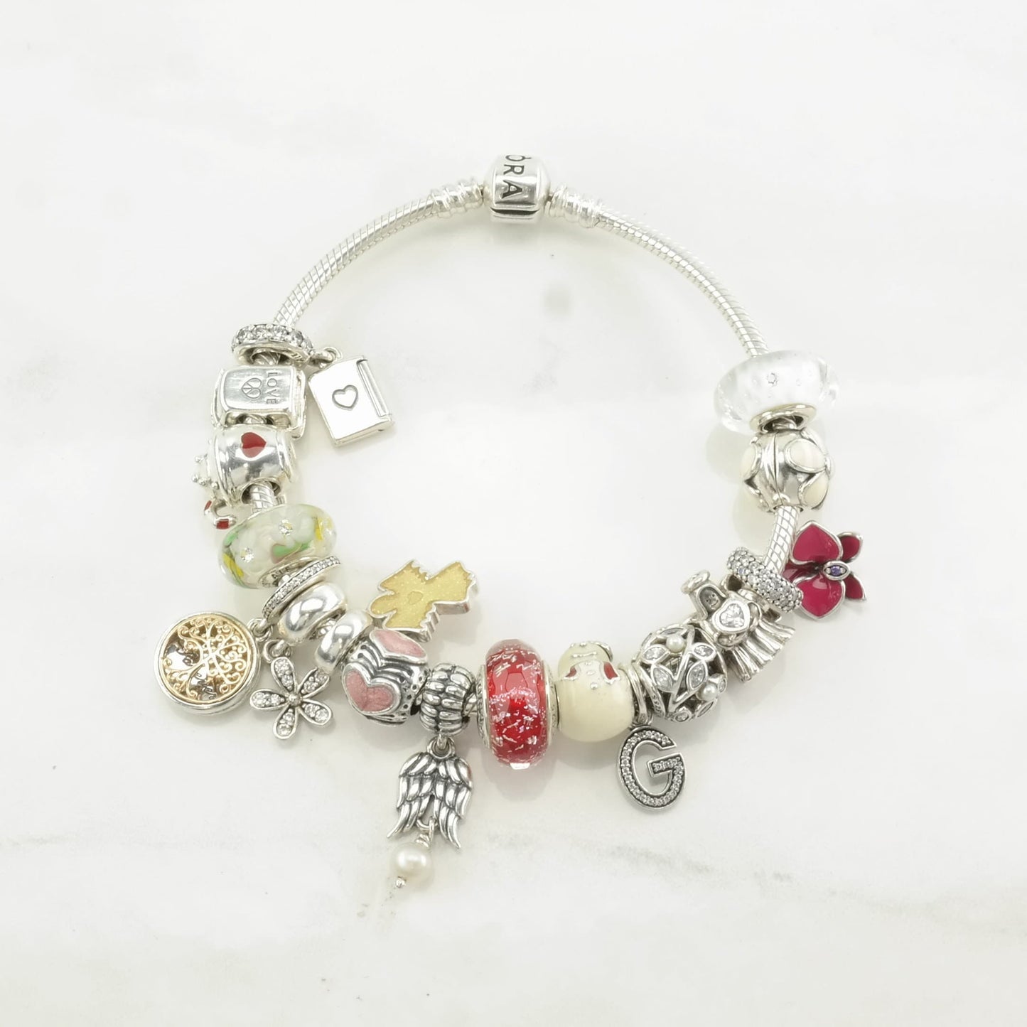 Pandora Sterling Silver Charm Bracelet Red Enamel, CZ Heart, Flower, Angel, 17 Charms