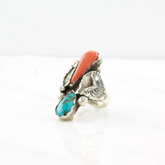 Dan Simplicio Silver Ring Turquoise Coral Leaf Sterling Size 10 1/2