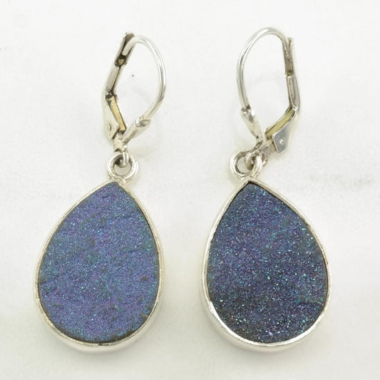 AKR Sterling Silver Blue, Purple Druzy Teardrop Earrings Levers