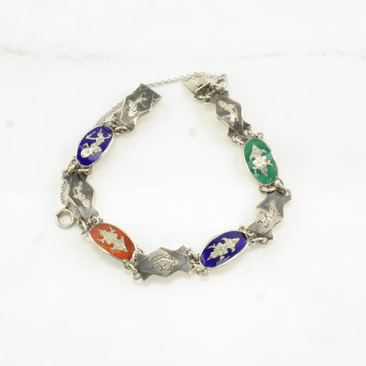 Vintage Siam Sterling Silver Link Bracelet Enamel, Nielo