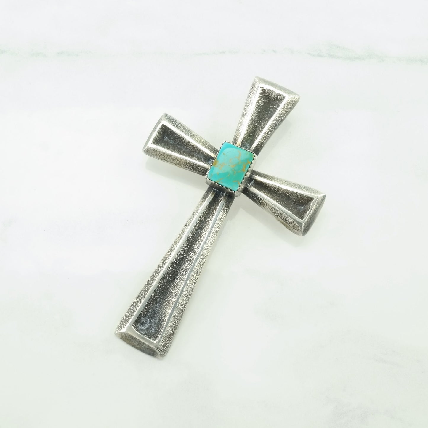 Vintage Native American Turquoise, Tufa Cast Large Cross Sterling Silver Pendant