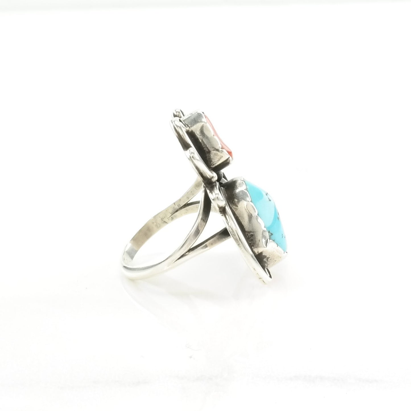 Native American Silver Ring Turquoise, Coral Spider Sterling Blue, Red Size 6 1/2