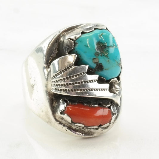 Native American Sterling Silver, Turquoise & Coral Ring | Southwestern Jewelry | Feather Design | Size 12