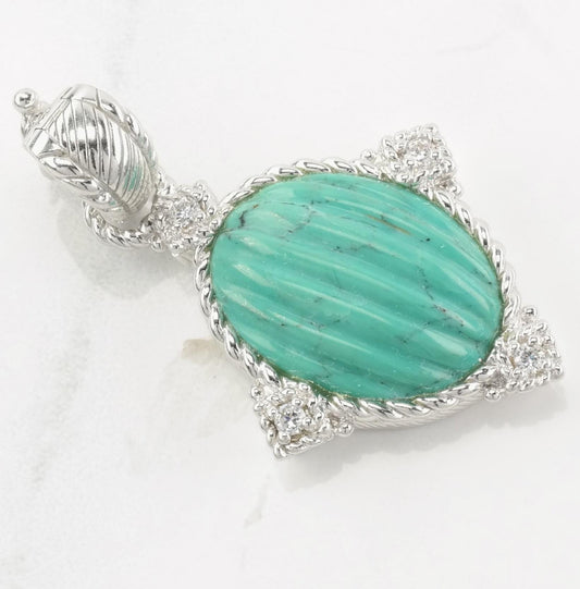 Vintage Judith Ripka Carved Turquoise CZ Sterling Silver Pendant