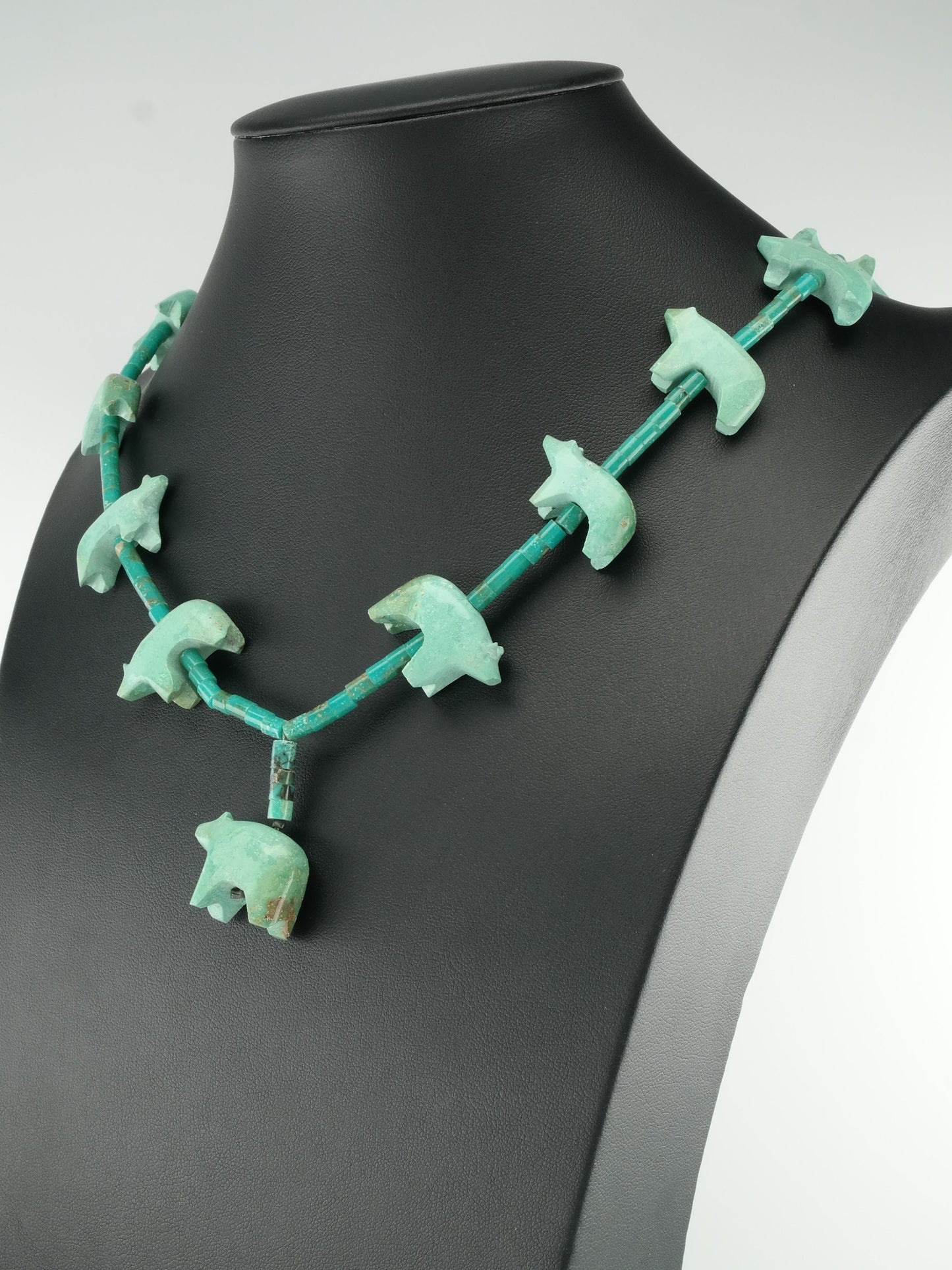 Native American Carved Turquoise Bear Heishi Fetish Necklace