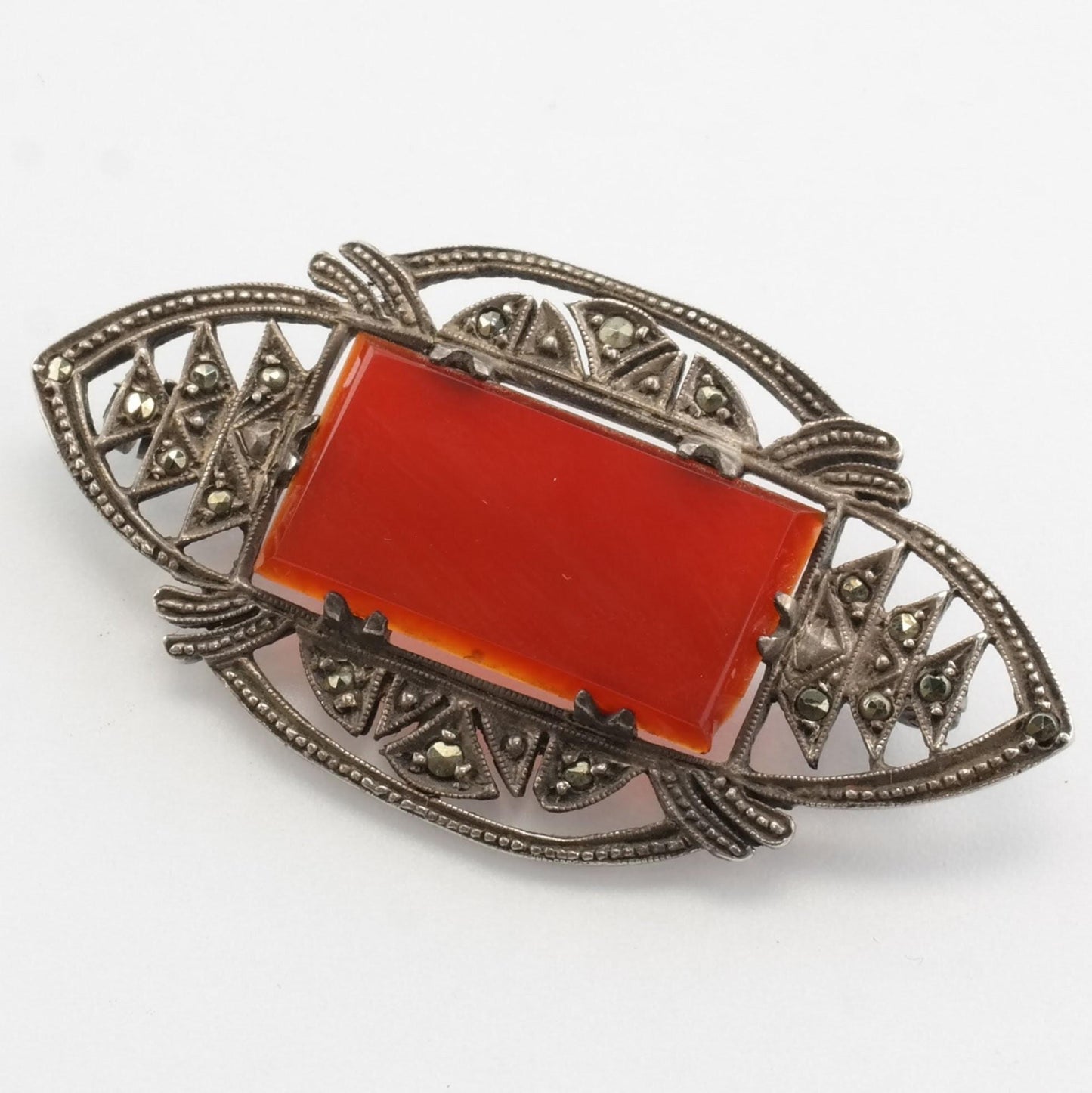 Art Deco Sterling Silver Brooch Carnelian Marcasite