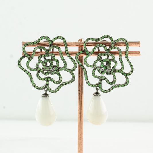 Designer Sterling Silver Flower, Green Tsavorite Oxidized Finish Earrings Omega