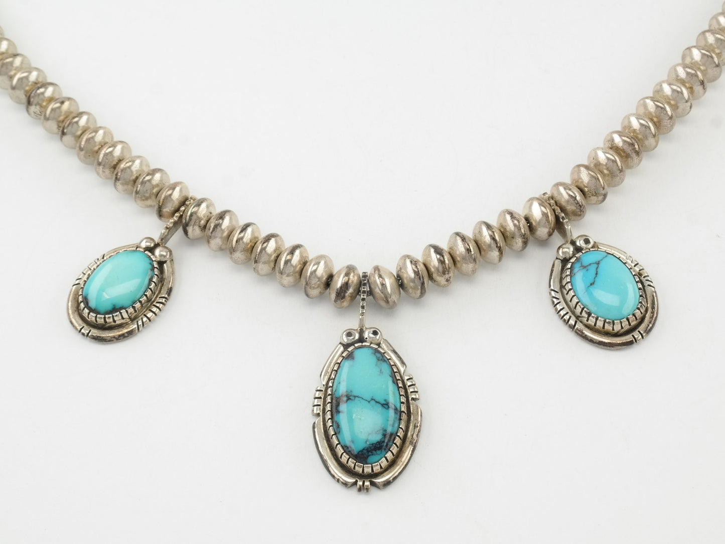 Vintage Tim Guerro Sterling Silver necklace Blue Triple Turquoise stones Hogan Beads