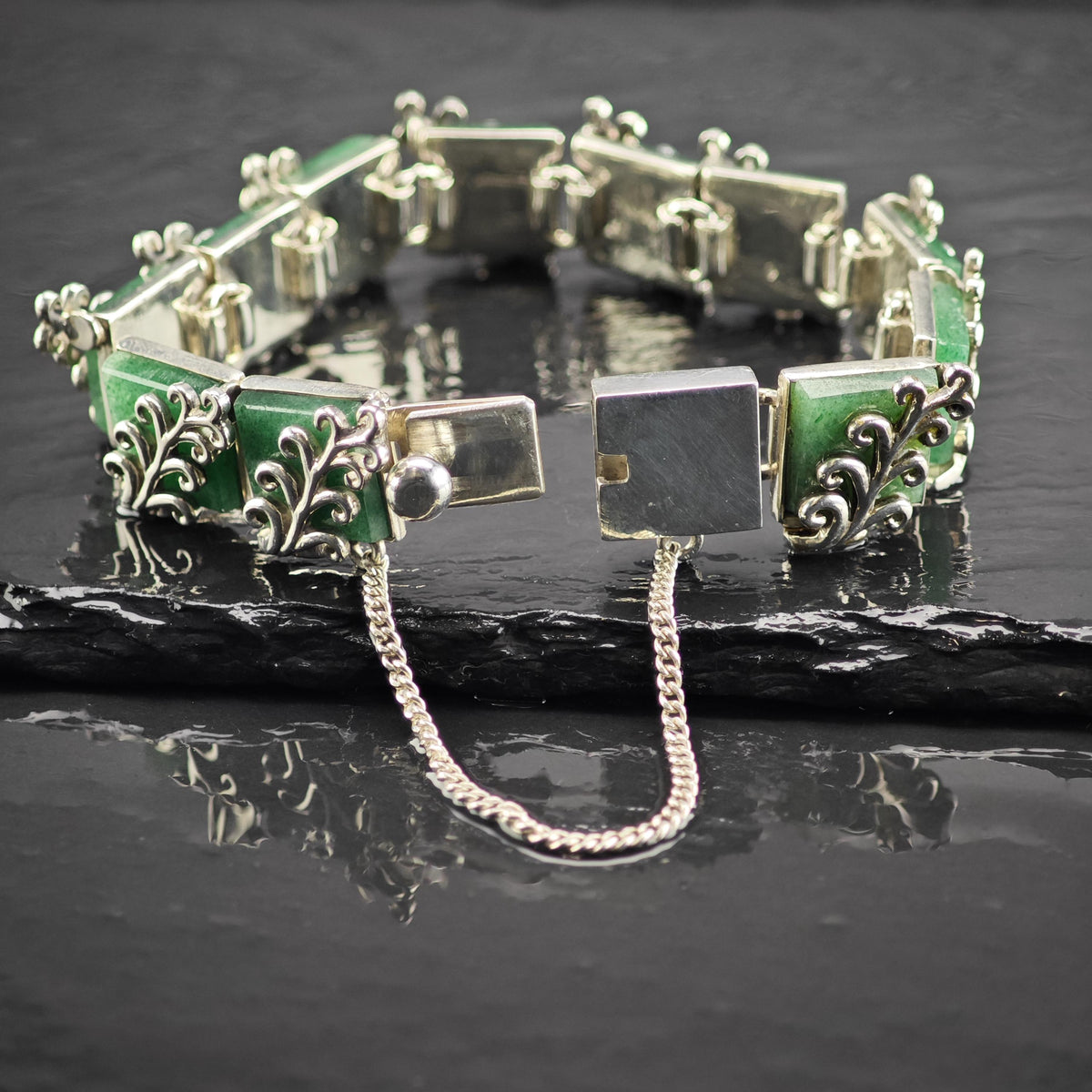Antonio Pineda Green Gemstone Panel Link Bracelet Sterling Silver Sz 6 3/4" BR3171