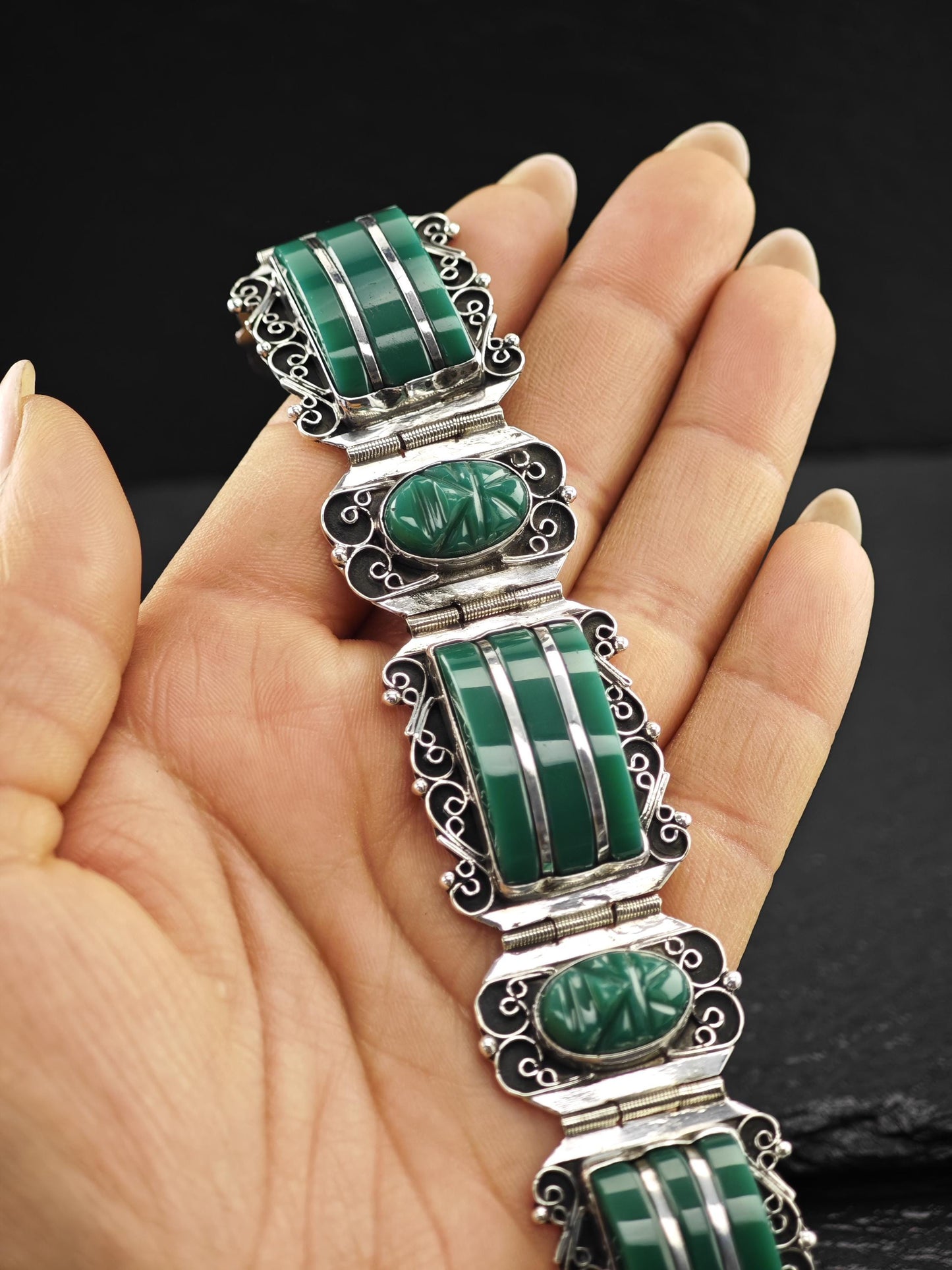 Mexico Green Onyx, Mask Panels Bracelet Sterling Silver