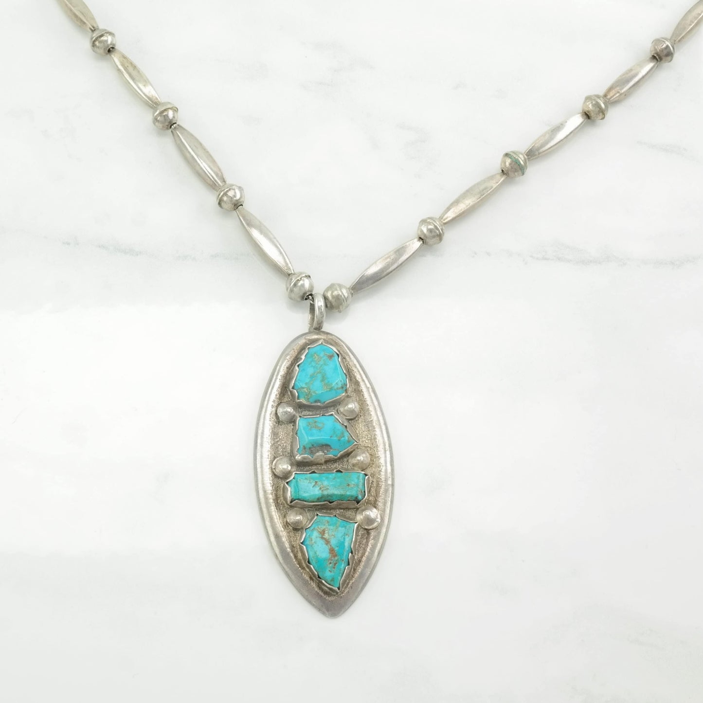 Native American Sterling Silver Turquoise Beaded Necklace