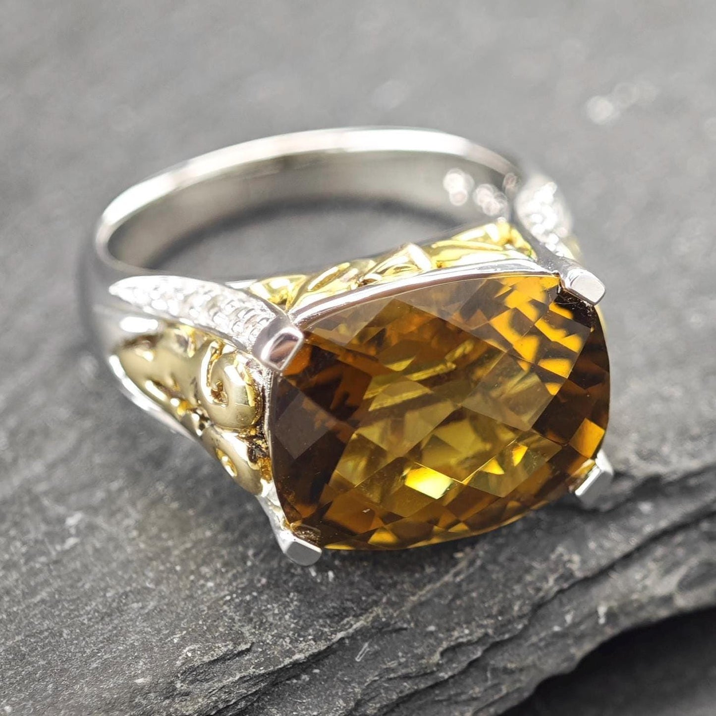 Duo Tone, Smoky Quartz & White Topaz Ring Sterling Silver