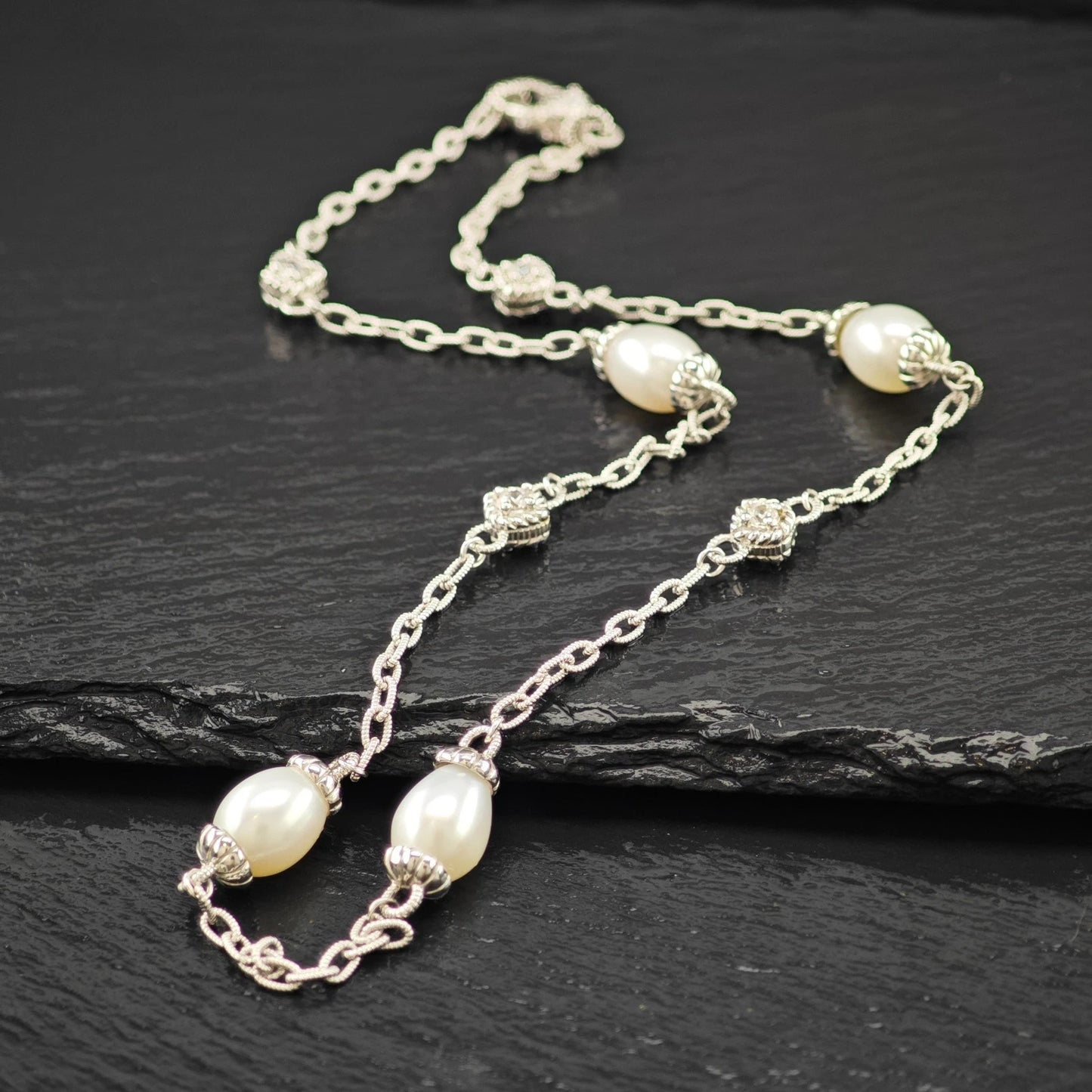 Judith Ripka Sterling Silver White Pearl CZ Choker Necklace 18" N2642