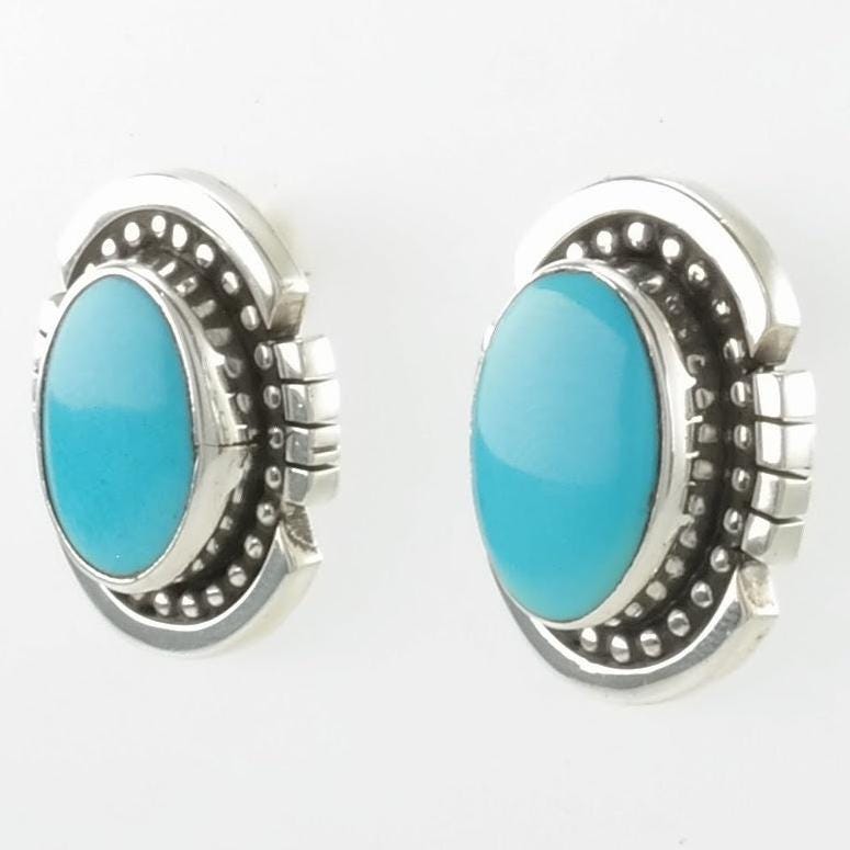 Vintage Sterling Silver Stud Earrings Native American Blue Turquoise Sleeping Beauty