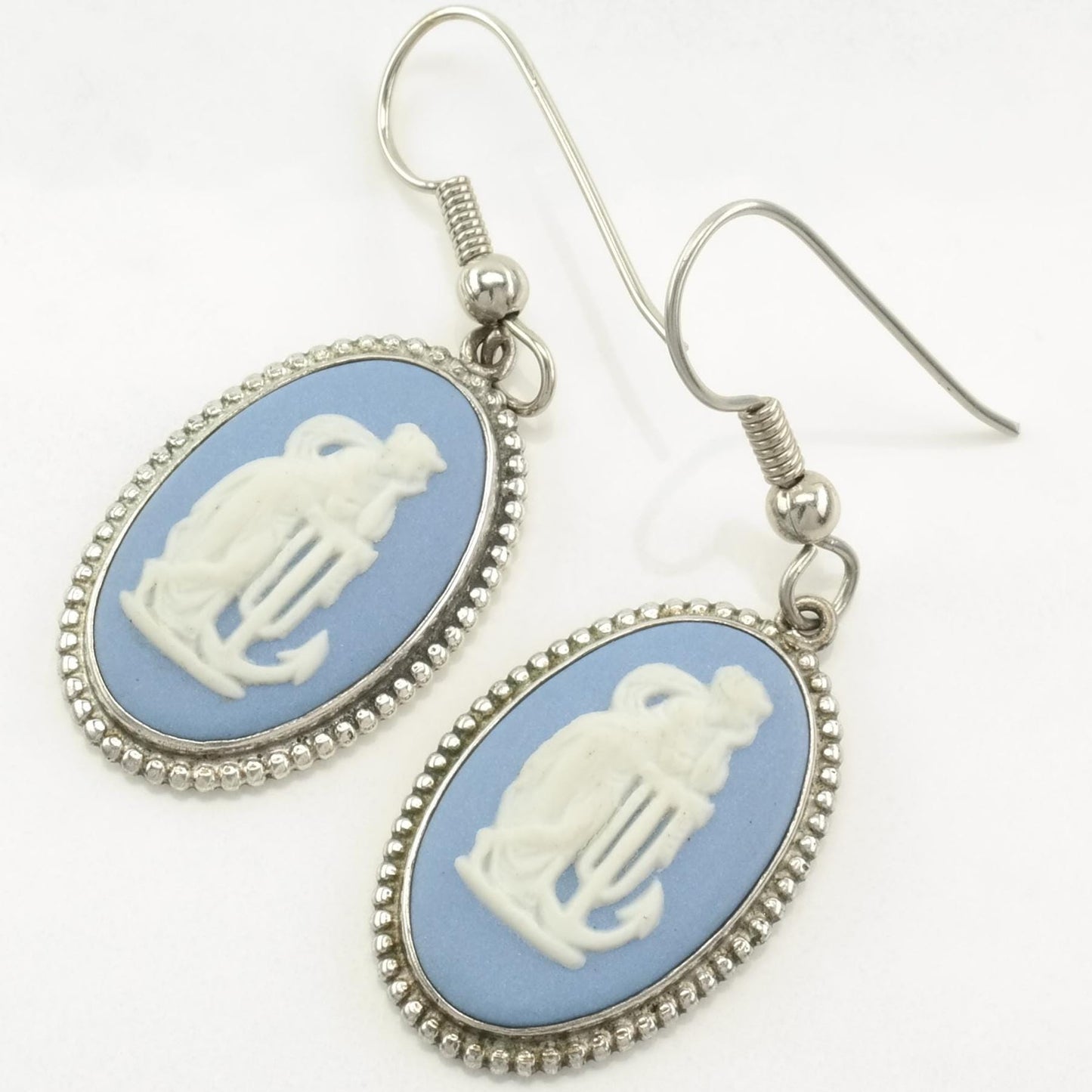 English Sterling Silver Cameo Wedgwood Blue Earrings Fish hook/Dangle