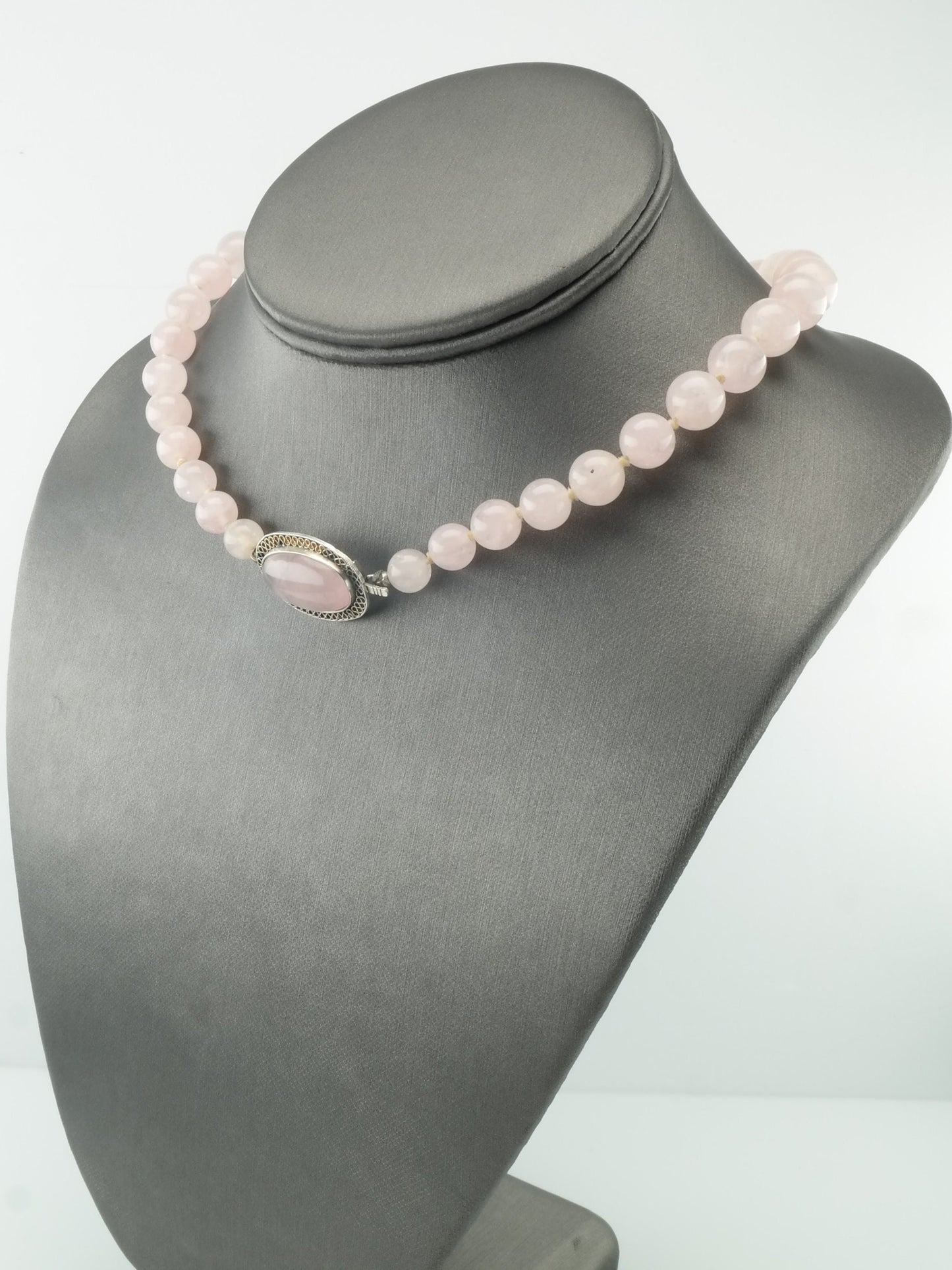 Natural Rose Quartz Filigree Necklace Sterling Silver