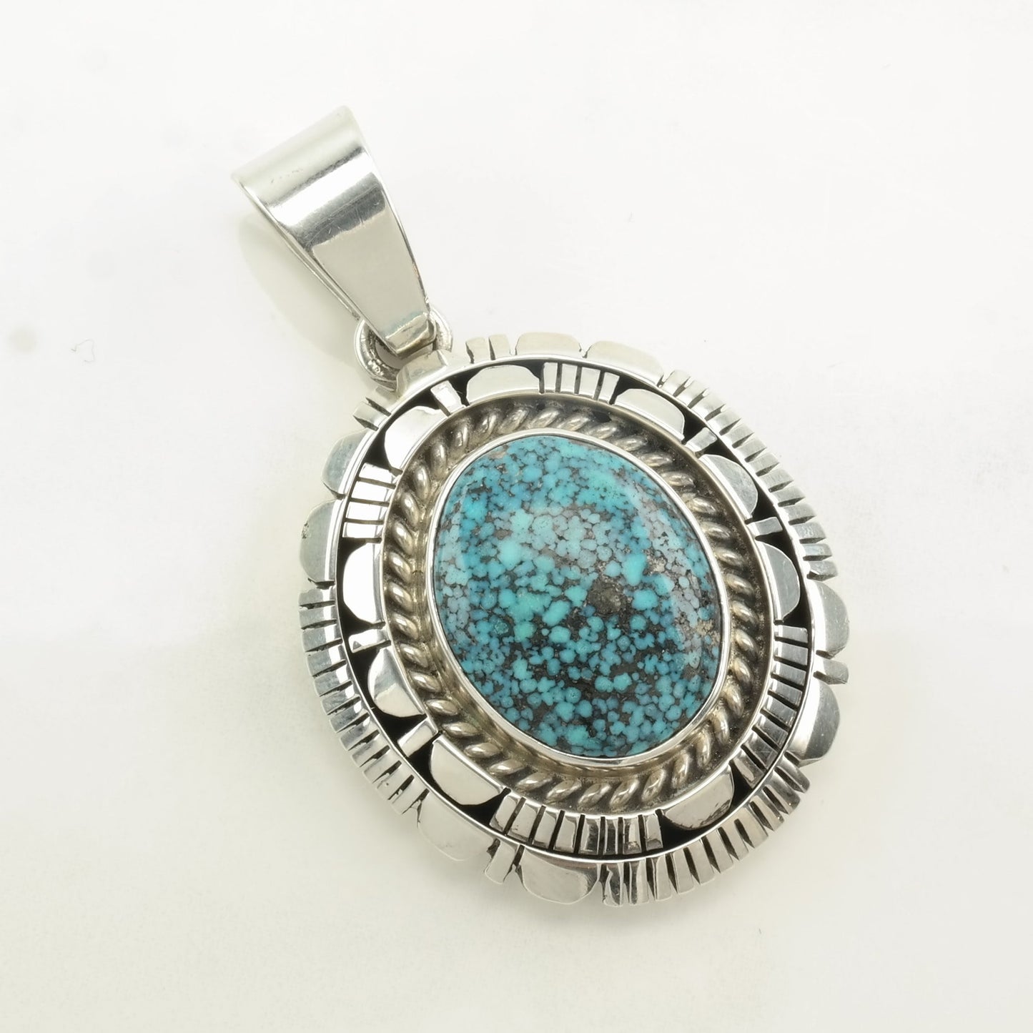 Native American Spiderweb Turquoise Oval Sterling Silver Pendant