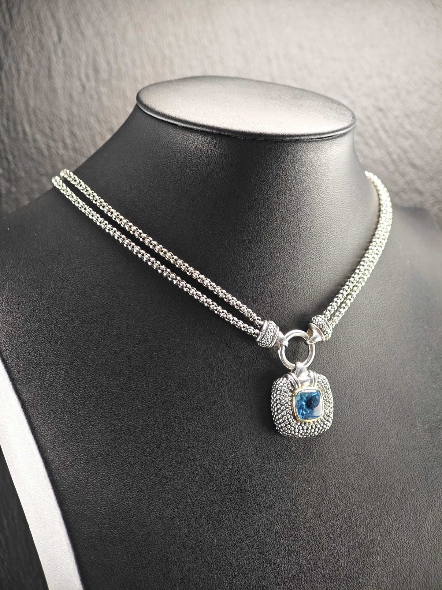Designer Blue Topaz, 14k Gold Bezel Necklace Sterling Silver N2487