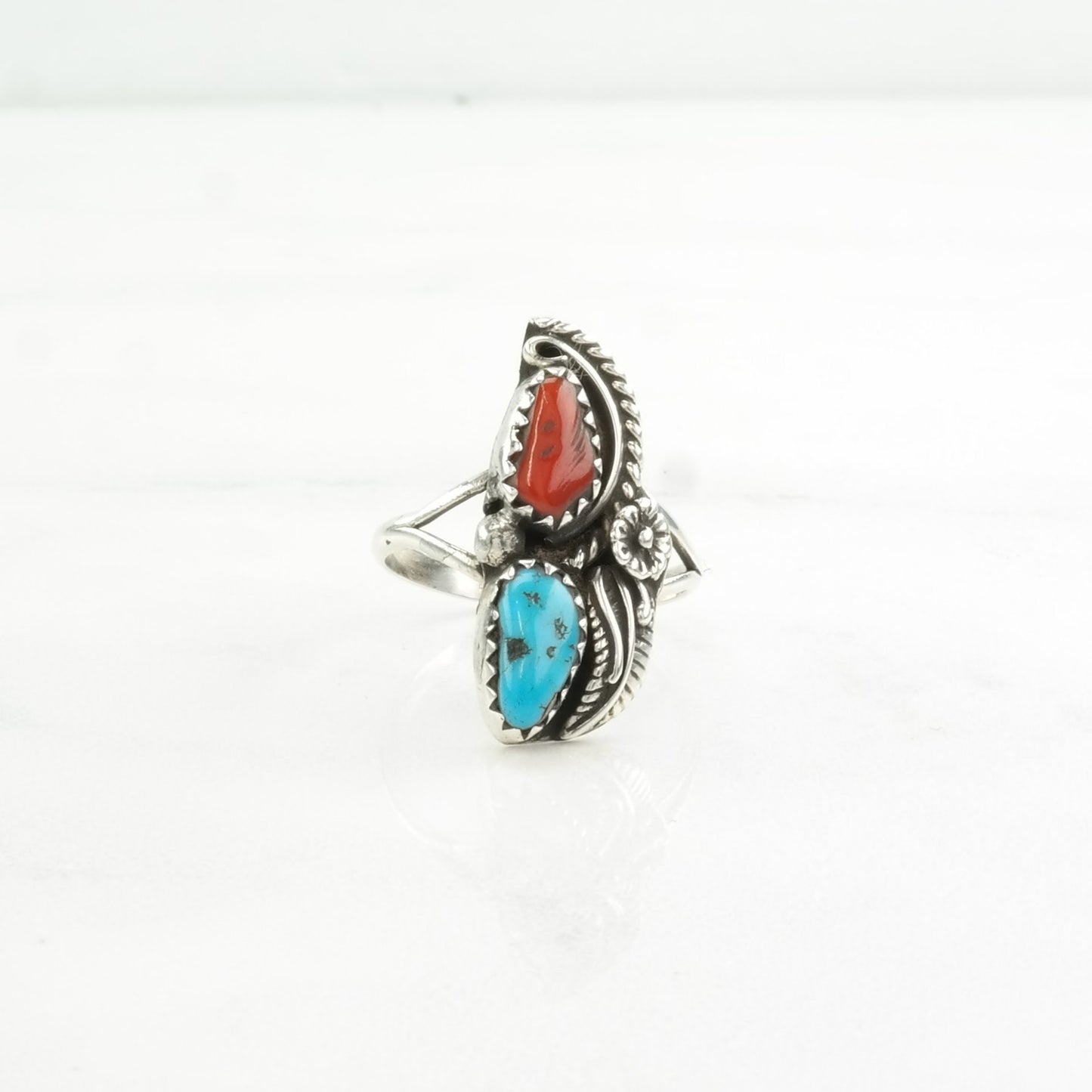 Native American Silver Ring Turquoise, Coral Floral Sterling Blue, Red Size 6 1/4