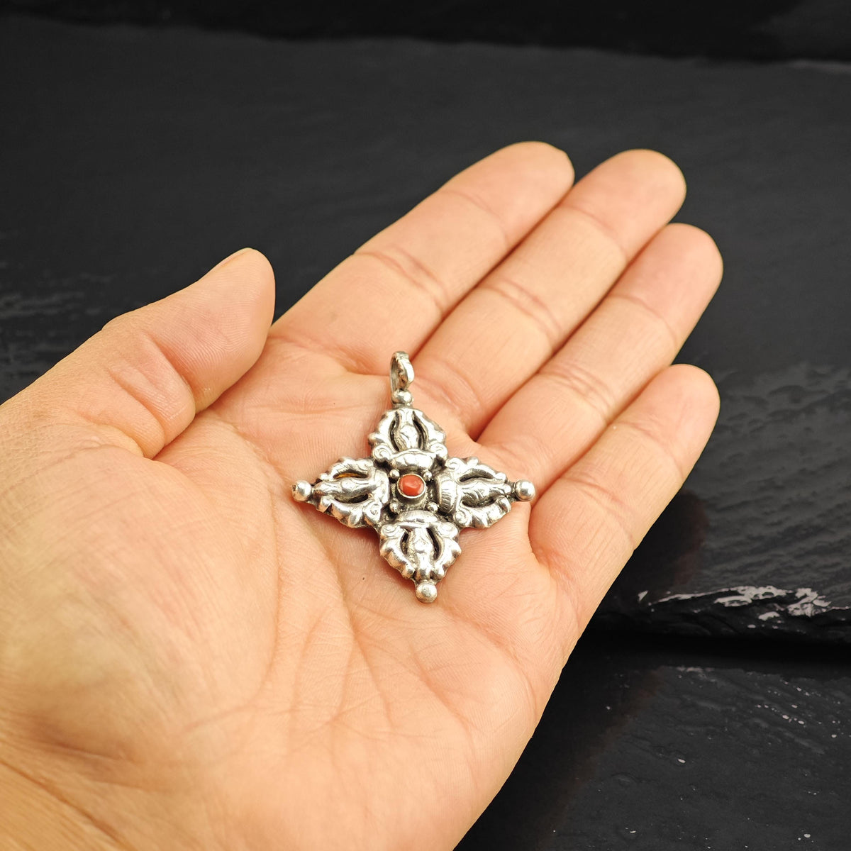 Etruscan Coral Cross Sterling Silver Pendant P3144