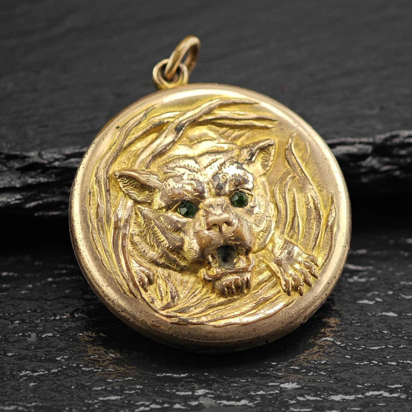 Antique Tiger Locket Gold Filled Pendant P3029