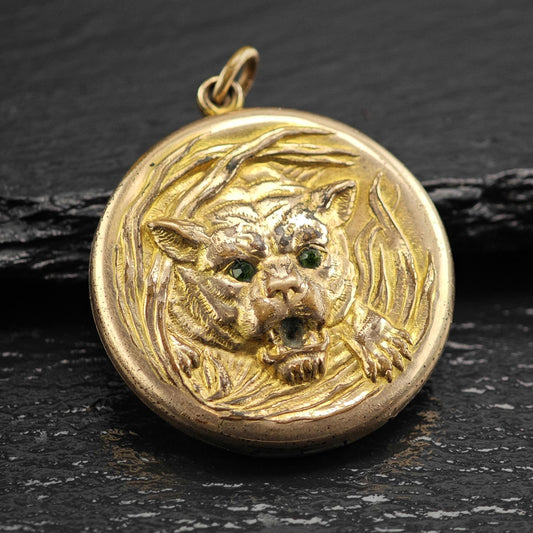 Antique Tiger Locket Gold Filled Pendant P3029