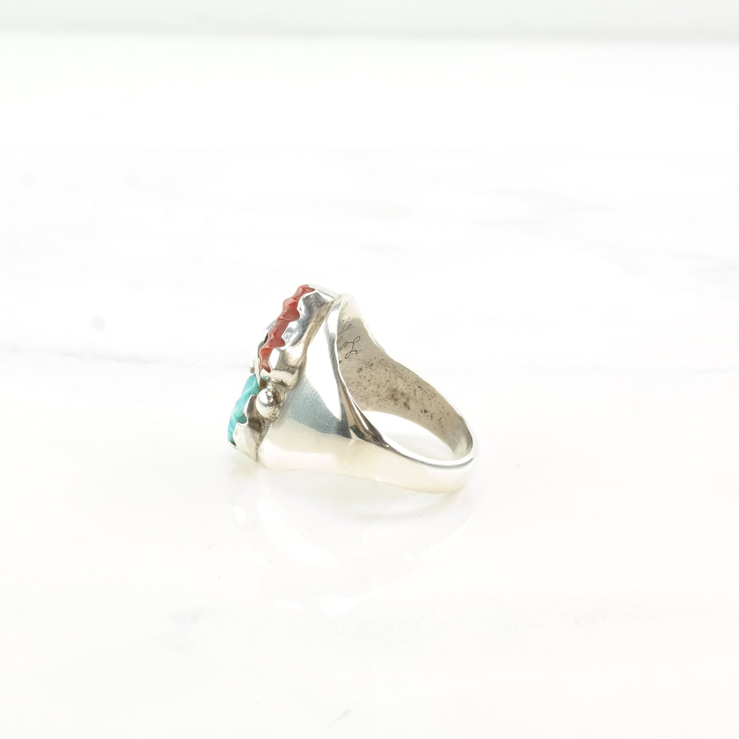 Native American Silver Ring Coral Turquoise Carved Leaf Sterling Size 8