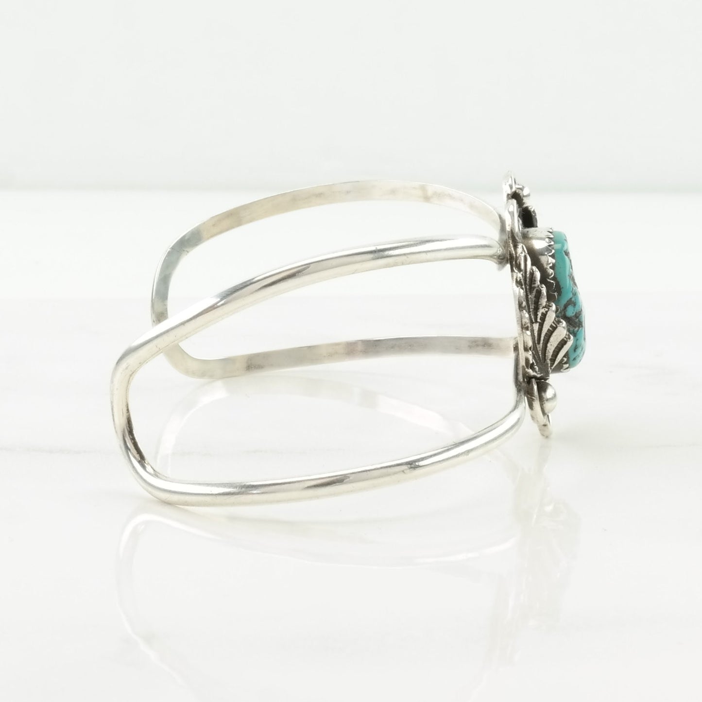 Southwest Sterling Silver Cuff Bracelet Blue Turquoise Leaf