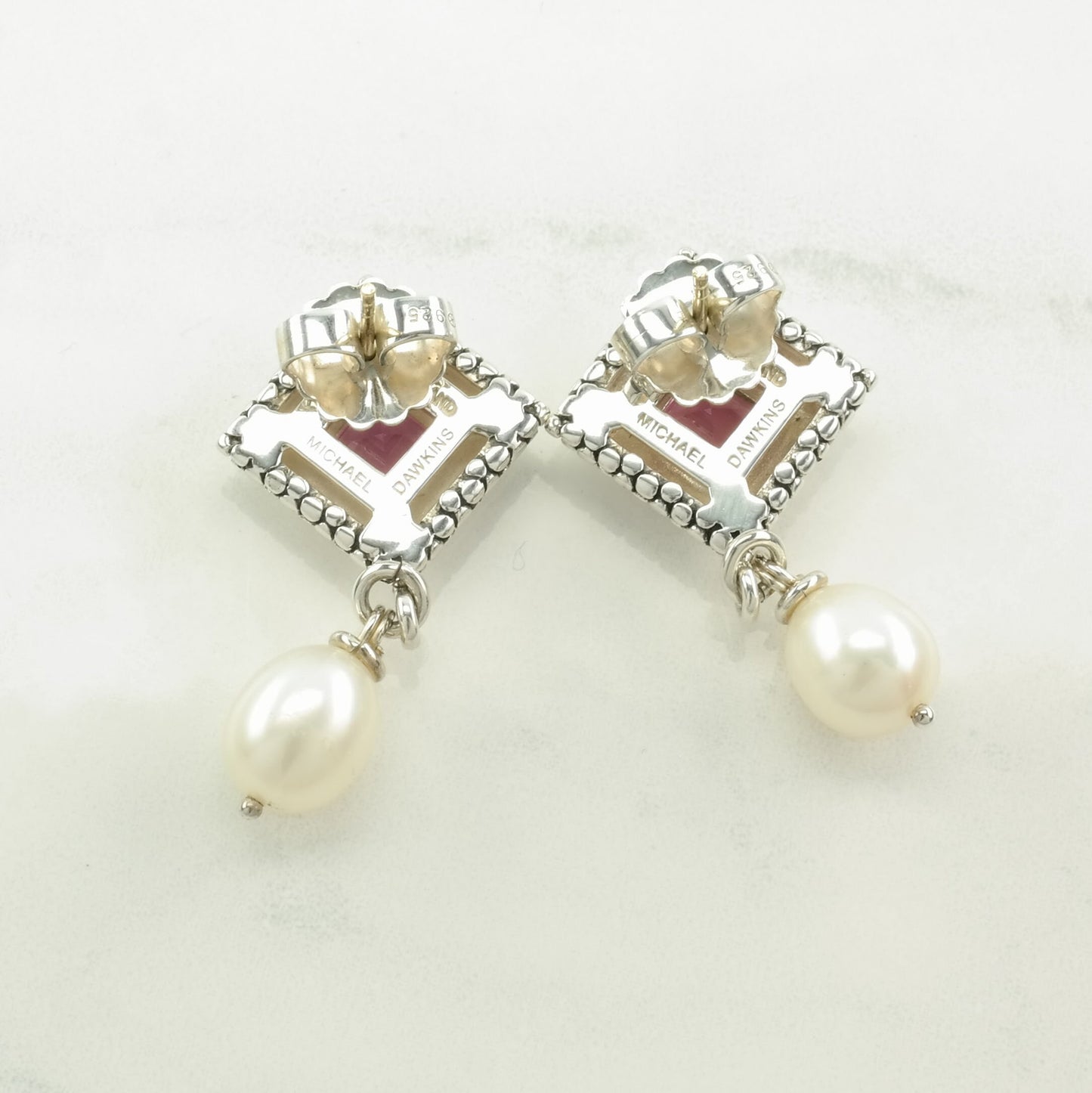 Michael Dawkins Sterling Silver Pink Sapphire, Pearl Earrings Stud