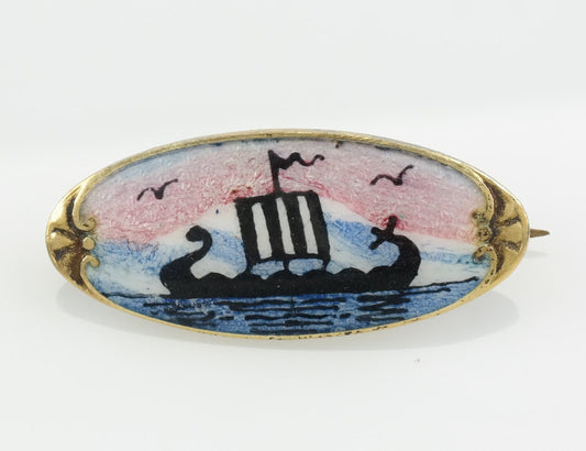 Norwegian Sterling Silver Viking Ship Enamel Brooch