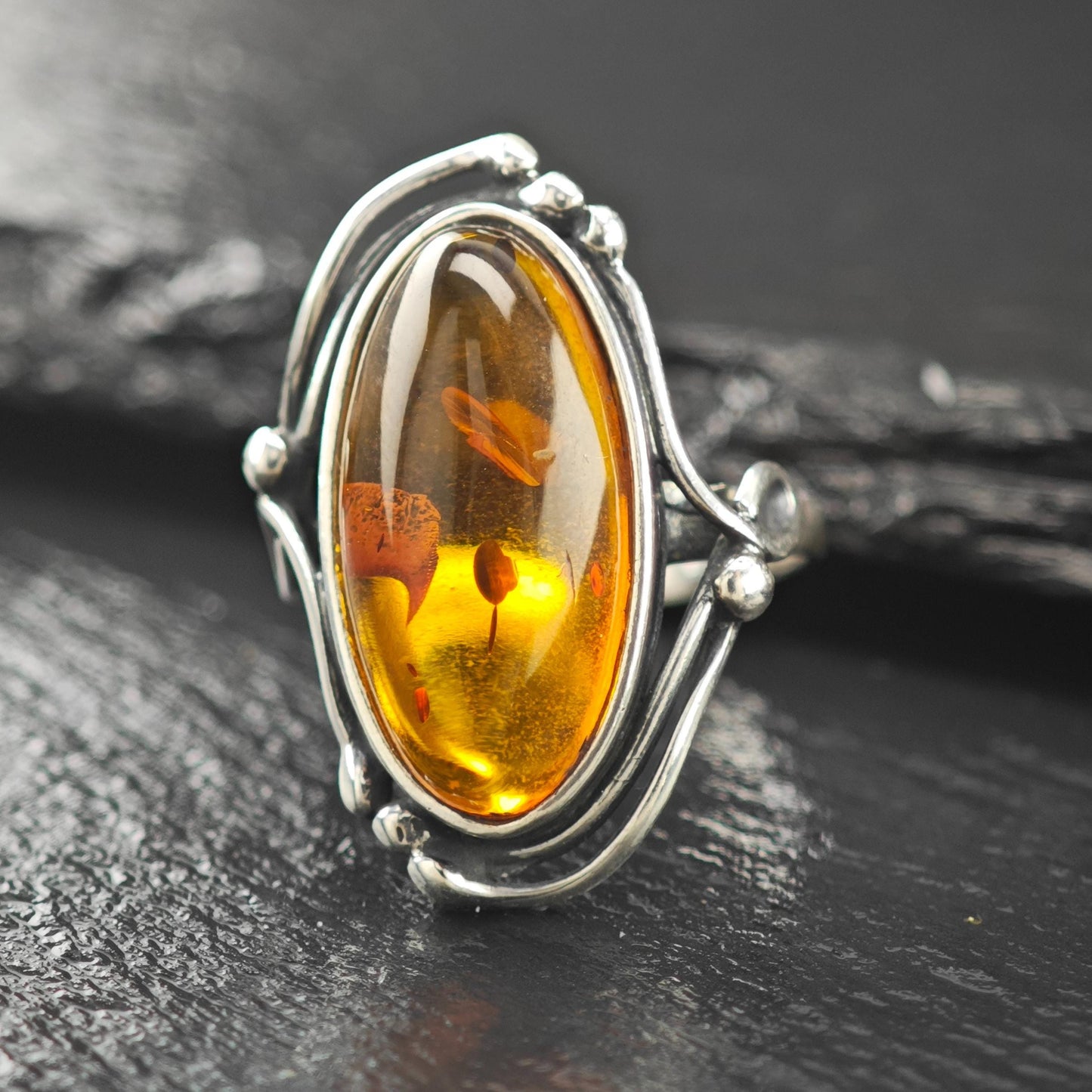 Natural Amber Oval Ring Sterling Silver