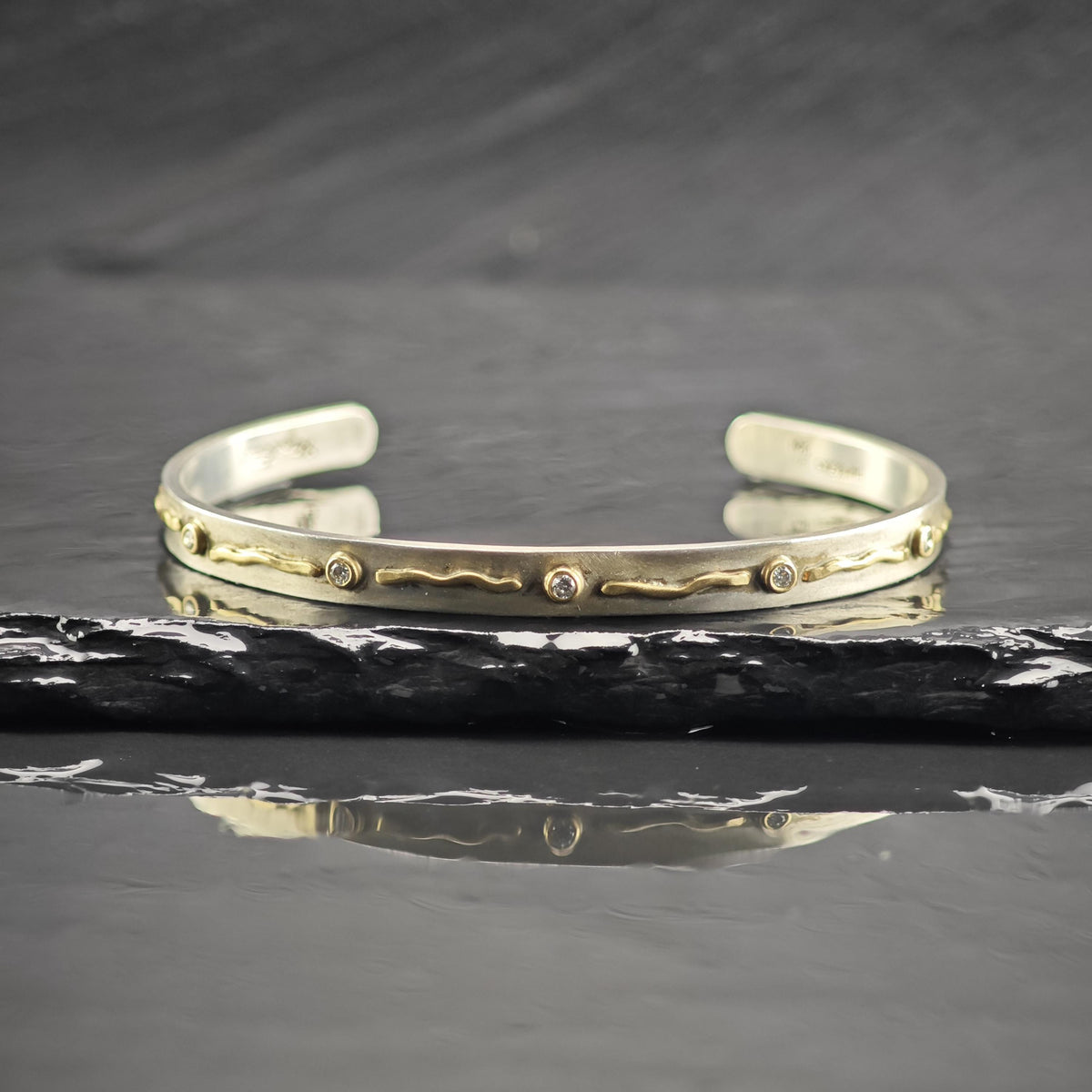 Artist Signed Diamond 14K Gold Accent, Thin Sterling Silver Cuff Bracelet Sz 6 1/4" BR3174