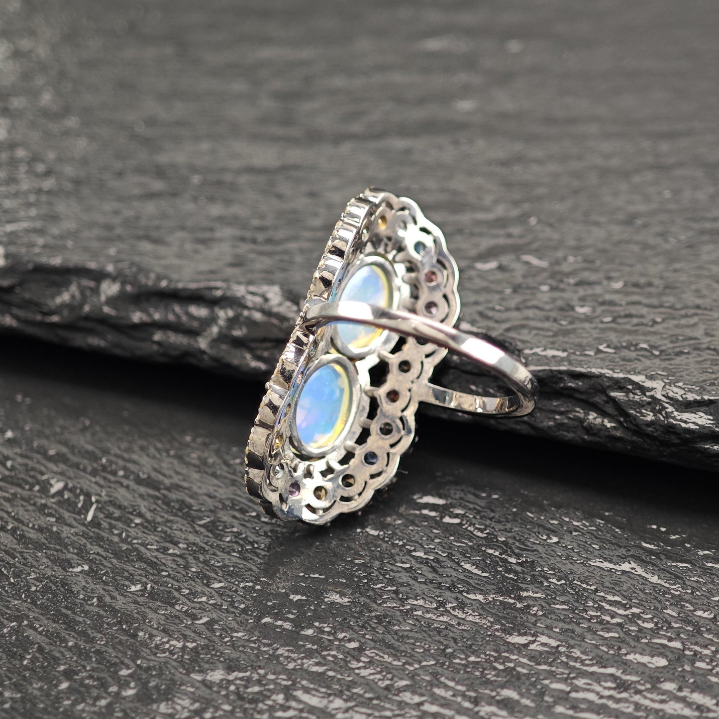 Opal Diamond Ring with Sapphire Accents in Oxidized Sterling Silver R5804