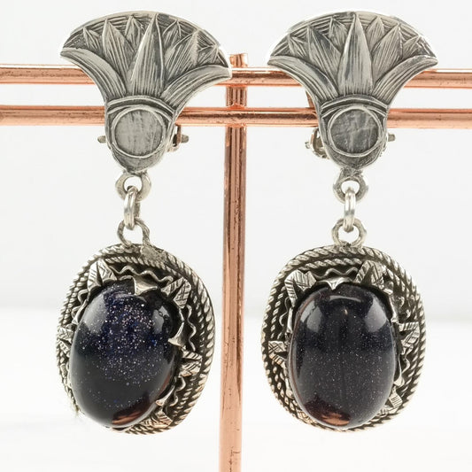 Egyptian Revival Sterling Silver Blue Goldstone Earrings Clip On