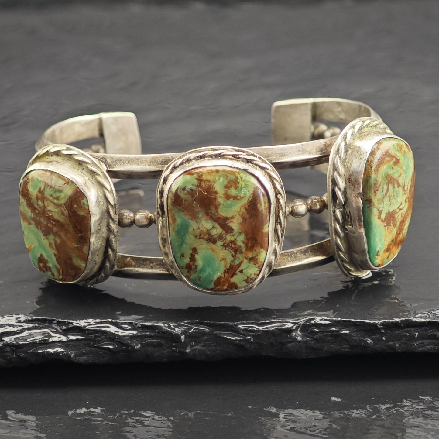 Ceremonial Kingman Turquoise Trio Sterling Silver Cuff Sz 6 " BR3137